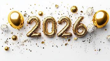Shiny golden balloons, sparkling gliter confetti marking vibrant 2026 new year celebration white background photo