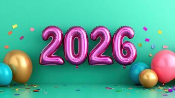 Vibrant balloons and confetti surround shiny pink and blue numbers, welcoming new year 2026 in a festive and colorful celebration photo