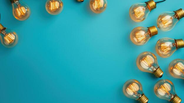 Glowing light bulbs arranged artistically on vivid blue background, representing creative thinking and innovative concepts Copy space for text photo
