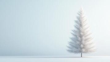 Minimal white christmas tree standing in empty pastel blue room, perfect or winter holidays greeting card or web banner background Copy space for text photo