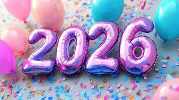 Vibrant balloons and confetti surround shiny pink and blue numbers, welcoming the new year 2026 festive and colorful celebration photo