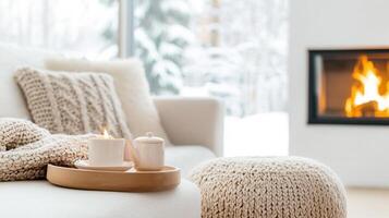 Teapot, cup, lit candle on wooden tray, with knitted blanket and cushion on sofa by fireplace, create cozy winter scene autumn background photo