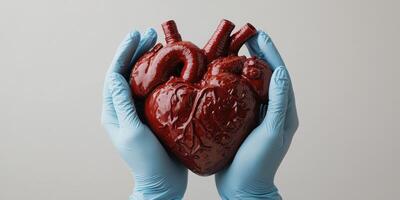 Medical professional holds heart model in gloved hands during a demonstration of human anatomy in a clinical setting photo