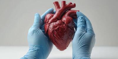 Realistic human heart model held by gloved hands in a clinical setting focused on anatomy education and medical training photo