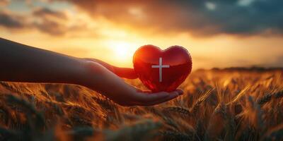 Heart symbolizing love and faith held against a golden sunset in a wheat field photo