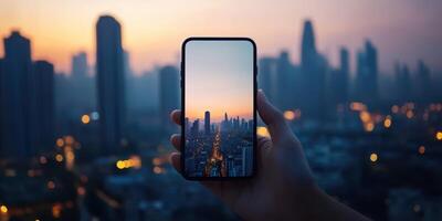 Urban skyline reflected in a smartphone at dusk capturing a vibrant cityscape with illuminated buildings and roads photo