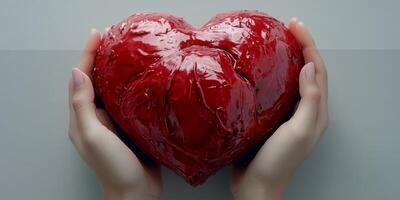 Hands holding a shiny red heart sculpture, symbolizing love and emotion in a minimalist setting photo