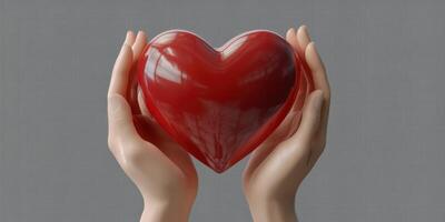 Hands holding a glossy red heart sculpture against a plain background showcasing love and care in a minimalist setting photo