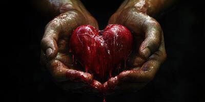 Hands cradling a dripping red heart symbolizing love, vulnerability, and sacrifice in a dark setting photo