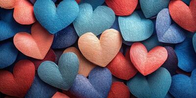 Colorful paper hearts in various shades scattered across a vibrant surface for decoration and artistic displays photo