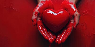Hands covered in red paint hold a heart symbol against a vibrant red background at a creative art event photo