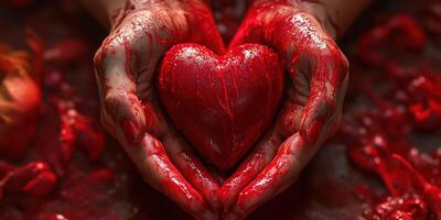 Hands holding a red heart surrounded by rose petals and crimson paint in a creative artistic display photo