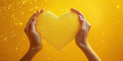 Golden heart shape created with glitter held by hands against a bright yellow background photo