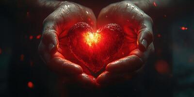 Hands holding a glowing heart shaped stone in a dark, mystical setting during twilight photo