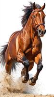 Beautiful brown horse runs powerfully across sandy terrain, kicking up dust in bright sunlight during the afternoon photo