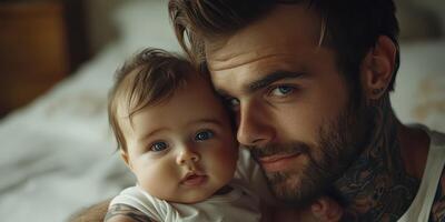Father holding baby in a cozy room, capturing a moment of love and connection between parent and child photo