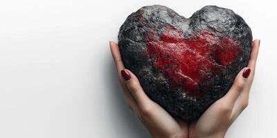 Heart-shaped stone held in hands with red accents symbolizes love and emotion in a minimalist setting photo