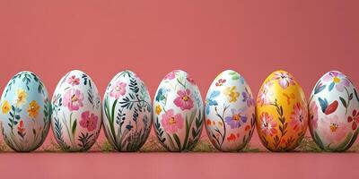 Colorful hand-painted eggs displayed in a row on a pink background during spring festivities photo