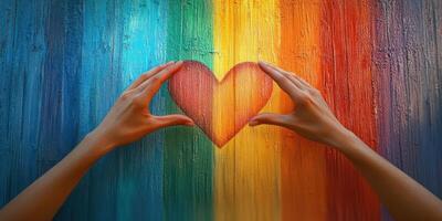 Creative hands form a heart shape against a colorful striped background during an artistic expression session photo
