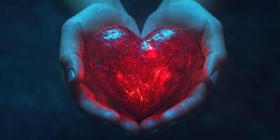 Hands holding a glowing red heart in a dark, mystical setting photo