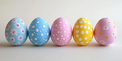 Colorful decorative eggs arranged in a row for spring celebration at home during the festive season photo