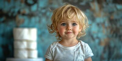 Young child with curly blonde hair smiling against a colorful background while toilet paper rolls are stacked nearby photo