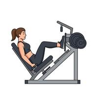 A woman is sitting on a leg press machine and doing workout vector