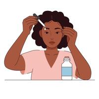 A woman is combing her hair with a comb and a bottle of shampoo vector