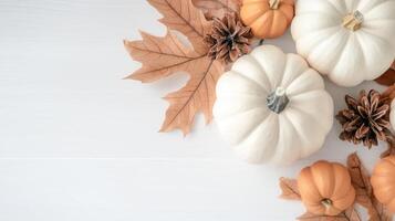 White and orange pumpkins autumn maple leaves and creating cozy thanksgiving atmosphere on light wooden table copy space for text photo