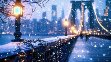 Christmas lights and colorful baubles decorating a snow covered winter city bridge railing at twilight, with a cityscape and cozy falling in the background photo