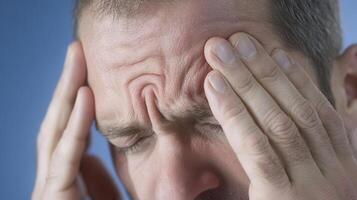 Businessman suffering intense migraine, pressing temples with fingertips, muscles tense from sharp head pain photo