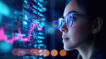 Businesswoman wearing augmented reality glasses is analyzing stock market data displayed large digital screen a digital hologram of trading chart photo