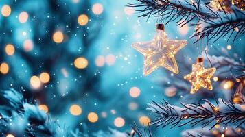 Christmas star ornaments dangling from pine branch, sparkling lights creating festive holiday winter bokeh background Copy space for text photo