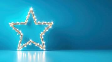Hollywood star sign illuminating blue backdrop, featuring vintage light bulbs representing creative success and ambitious aspirations background Copy space for text photo