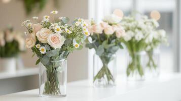 Bright floral bouquet arrangements roses and tulips on display in a charming flower shop with large windows photo