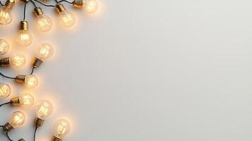 Lit christmas light bulbs hanging from a beige string against a pink wall create a warm, inviting atmosphere background Copy space for text photo
