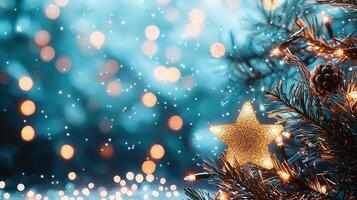 Christmas star ornaments dangling from pine branch, sparkling lights creating festive holiday winter bokeh background Copy space for text photo