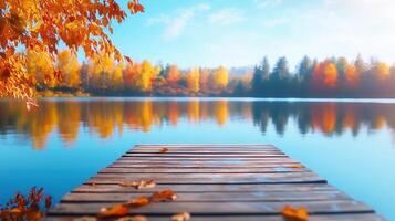 Tranquil autumn landscape with wooden pier stretching into calm lake reflecting colorful foliage and mountains background fall photo