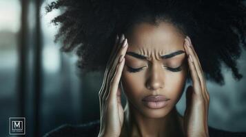 Close up of stressed young woman with closed eyes touching her temples, suffering from a strong headache migraine photo