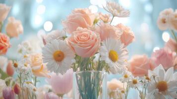 Bright floral bouquet arrangements of roses tulips on display in a charming flower shop with large windows photo