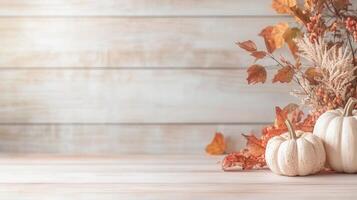 White and orange pumpkins autumn maple leaves and creating cozy atmosphere on light blue wooden table copy space for text photo