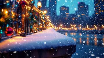 Christmas lights and colorful baubles decorating a snow covered bridge railing at twilight, with a cityscape and falling in the background photo