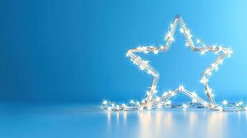 Hollywood star sign illuminating blue backdrop, featuring vintage light bulbs representing creative success and ambitious aspirations background Copy space for text photo
