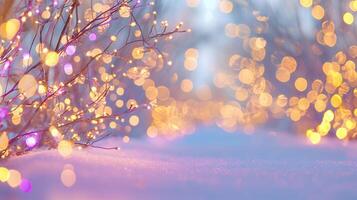 Abstract Christmas lights illuminate a snow covered pathway during a beautiful winter sunset, creating a magical and festive atmosphere background photo