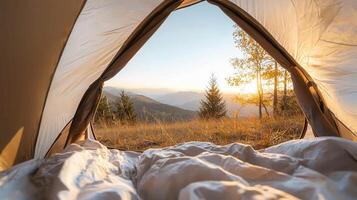 Charming autumn landscape view cozy tent, experiencing the beauty of nature while outdoors background photo