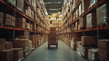 hand truck in an industrial warehouse filled with cardboard boxes for logistics and marketing photo