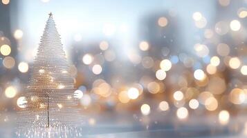 Soft abstract christmas tree string lights illuminating snowy landscape with vibrant sunset, casting magical winter bokeh glow across serene evening scene background photo