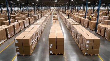 Logistics specialists working in large distribution center managing cardboard boxes on pallets photo
