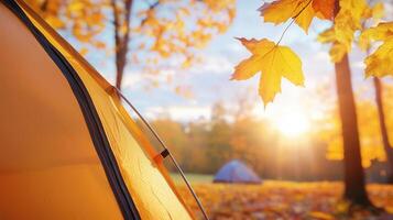 Cozy camping scene tent and sleeping bag by a tranquil lake on a foggy autumn morning, surrounded by colorful fall foliage background photo