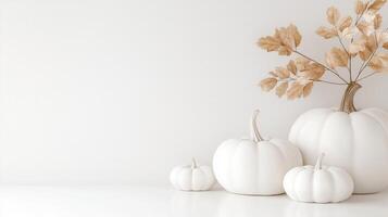 White pumpkins and dry maple leaves creating an autumn flat lay thanksgiving composition white background with copy space photo